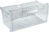 A clear plastic freezer drawer with handles and markings on the front. Produktbild-Vorschau