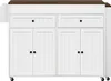 A white kitchen island with a brown countertop and two drawers and two cabinet doors. Podgląd zdjęcia produktu