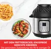An Instant Pot Duo Crisp multicooker is shown next to plates of french fries and chicken wings, with promotional text at the bottom. Produktbild-Vorschau