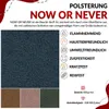 Marketing image for upholstery fabric with feature icons and color swatches. Produktbild-Vorschau
