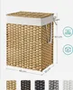 A wicker laundry basket with a white liner and lid, shown with dimensions and capacity indicators. Produktbild-Vorschau