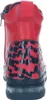 The back view of a red ankle boot with a black and red patterned heel. Produktbild-Vorschau