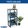 A metal shelving unit designed for storing beverage crates, with two blue crates filled with bottles on the shelves and two bottles on the top shelf. A potted plant is to the right. Podgląd zdjęcia produktu