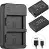 A product shot of a camera battery charger and batteries with a USB cable. Náhled obrázku produktu