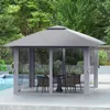 A gray gazebo with a table and chairs inside, situated next to a swimming pool in a garden. Produktbild-Vorschau