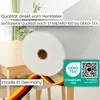 A roll of white material, likely a tablecloth or similar product, is shown on a wooden table with chairs in the background. German flag colors are visible as a ribbon. Produktbild-Vorschau