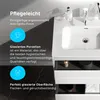 A close-up view of a white bathroom sink and vanity with drawers, featuring marketing text and icons highlighting product features. Produktbild-Vorschau