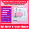 A white multifunctional sewing machine with purple accents is shown on a pink and white background. A red overlay on the left lists features of the sewing machine, and a red bar at the bottom has text. Produktbild-Vorschau