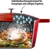 A cutaway view of a red Dutch oven showing a roast chicken and vegetables inside, with an illustration of the self-moisturizing circulation system. Voir les images du produit