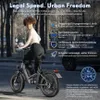 A woman is riding an e-bike on a street, with marketing text and icons overlaid on the image. Produktbild-Vorschau