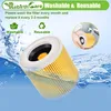 A filter submerged in water, with a close-up view of someone washing a filter in a sink. Produktbild-Vorschau