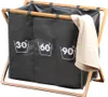 A multi-compartment laundry hamper with a bamboo frame, featuring laundry temperature symbols on the front. Produktbild-Vorschau