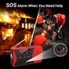 A split image showing a burning house on the left and people in a rescue scenario on the right, with a portable radio in the foreground. Produktbild-Vorschau
