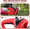 A person is using a red electric hedge trimmer to trim bushes. The image is divided into sections highlighting safety features. Produktbild-Vorschau