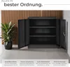 A black metal cabinet with its doors open, standing in front of a slatted wooden wall and next to a potted plant. Produktbild-Vorschau