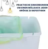 A close-up of a white trash can with a green and yellow trash bag inside, with marketing text and lightbulb graphics in the background. Produktbild-Vorschau
