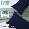 Two dark blue pillows are shown on a textured gray blanket. There are marketing labels and text overlays on the image. Produktbild-Vorschau