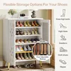 A white shoe cabinet with multiple shelves filled with various types of shoes, and illustrations of different shoe types with text labels on the right side. Produktbild-Vorschau