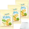 Three bags of Reis-Fit Risbellis Apple Cinnamon rice crackers are shown in a studio shot against a white background. A small white paper slip is in the bottom right corner. Produktbild-Vorschau