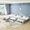 A bedroom with three white metal bunk beds, decorated with blue walls and clouds. Produktbild-Vorschau