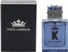 A product shot of a Dolce & Gabbana K Eau de Parfum bottle and its box. Voir les images du produit