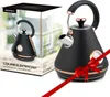 A product shot of an electric kettle next to its packaging, with a red ribbon tied around the kettle. Voir les images du produit