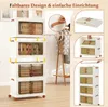 A stack of white storage boxes with transparent doors and brown handles, shown in a room setting with a coat rack and clothing in the background. Inset images show folding and assembly details. Podgląd zdjęcia produktu
