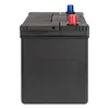 A black car battery with red and blue terminal covers, shown from the front. Produktbild-Vorschau