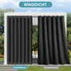 Outdoor curtains are shown hanging from a white pergola structure in a garden setting. Produktbild-Vorschau