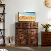 A dresser with drawers and a television on top, in a room with a shelf and a vase of flowers. Voir les images du produit