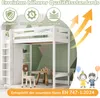 A white loft bed with a wardrobe and shelves underneath, set in a child's room with a small table and chair. Decorative elements and text overlays highlight quality standards and compliance. Produktbild-Vorschau