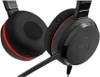 Close-up of a black Jabra headset with red accents. Voir les images du produit