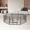 A dog is inside a black metal playpen in a modern living room. Voir les images du produit