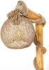 Close-up of a rustic floor lamp with a spherical lampshade made of twine and a wooden stand wrapped in rope. Produktbild-Vorschau