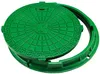 A green manhole cover and its frame are shown against a white background. Produktbild-Vorschau