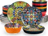 A collection of colorful, patterned ceramic plates and bowls arranged on a white background. Náhled obrázku produktu