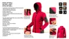 A red softshell jacket with various callouts and descriptions of its features. Produktbild-Vorschau