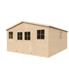 A wooden garden shed with windows and double doors, presented on a white background. Anteprima dell’immagine prodotto