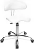 A white saddle-style office chair with a backrest and a chrome base with wheels, photographed against a white background. Produktbild-Vorschau