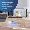 A robot vacuum cleaner is shown on a wooden floor, with a smartphone displaying a live video feed of a cat. Text overlays describe the product's features. Voir les images du produit