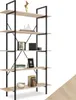 A tall, multi-shelf bookcase with a light wood grain finish and black metal frame, displayed against a white background. Náhled obrázku produktu