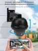 A black SecuFirst outdoor security camera is mounted on a white wall, with arrows indicating its 355° horizontal and 90° vertical rotation capabilities. A smartphone in the foreground displays a live feed from the camera, showing a house and swimming pool. Anteprima dell’immagine prodotto