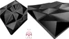 Two views of a black geometric 3D wall panel are shown against a white background, with a logo and text at the bottom. Produktbild-Vorschau