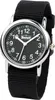 A close-up studio shot of a black analog watch with a black fabric strap. Produktbild-Vorschau