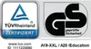 Two certification logos, TÜV Rheinland and GS, are displayed on a light gray and white background. Text below the logos provides website and ID information, as well as product model details. Produktbild-Vorschau