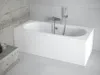 A white bathtub with a chrome faucet and shower head is shown in a modern bathroom with concrete and tiled walls. Produktbild-Vorschau