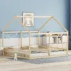 A children's house bed with two mattresses and pillows, set in a bedroom with blue walls and a white patterned wallpaper. Anteprima dell’immagine prodotto