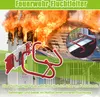 A burning house with a fire escape ladder in the foreground and a close-up of the ladder's hook mechanism. Voir les images du produit