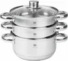 A stack of three stainless steel pots with glass lids and handles, presented against a white background. Produktbild-Vorschau