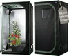 A split image showing the inside and outside of a grow tent with a tomato plant inside. Produktbild-Vorschau